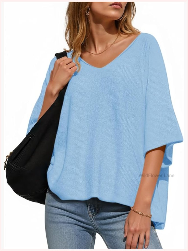 Oversized V-Neck Short Sleeve Pullover Sweater Knit Top